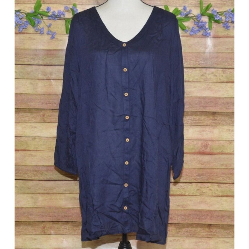 NWT Mudpie Navy Blue Button Up Tunic Shirt Dress One Size Casual V-Neck Lightwei